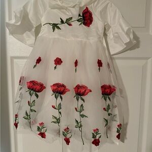 White Dress with Red Rose Embroidery